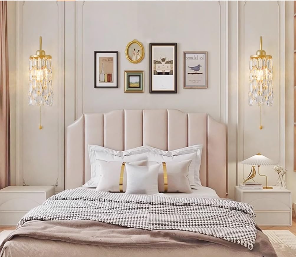 Pull Chain Switch Crystal Wall Sconce Modern Gold Wall Light Crystal Wall Lamp Crystal Bathroom Vanity Bedroom Living Room Light Fixture Decor