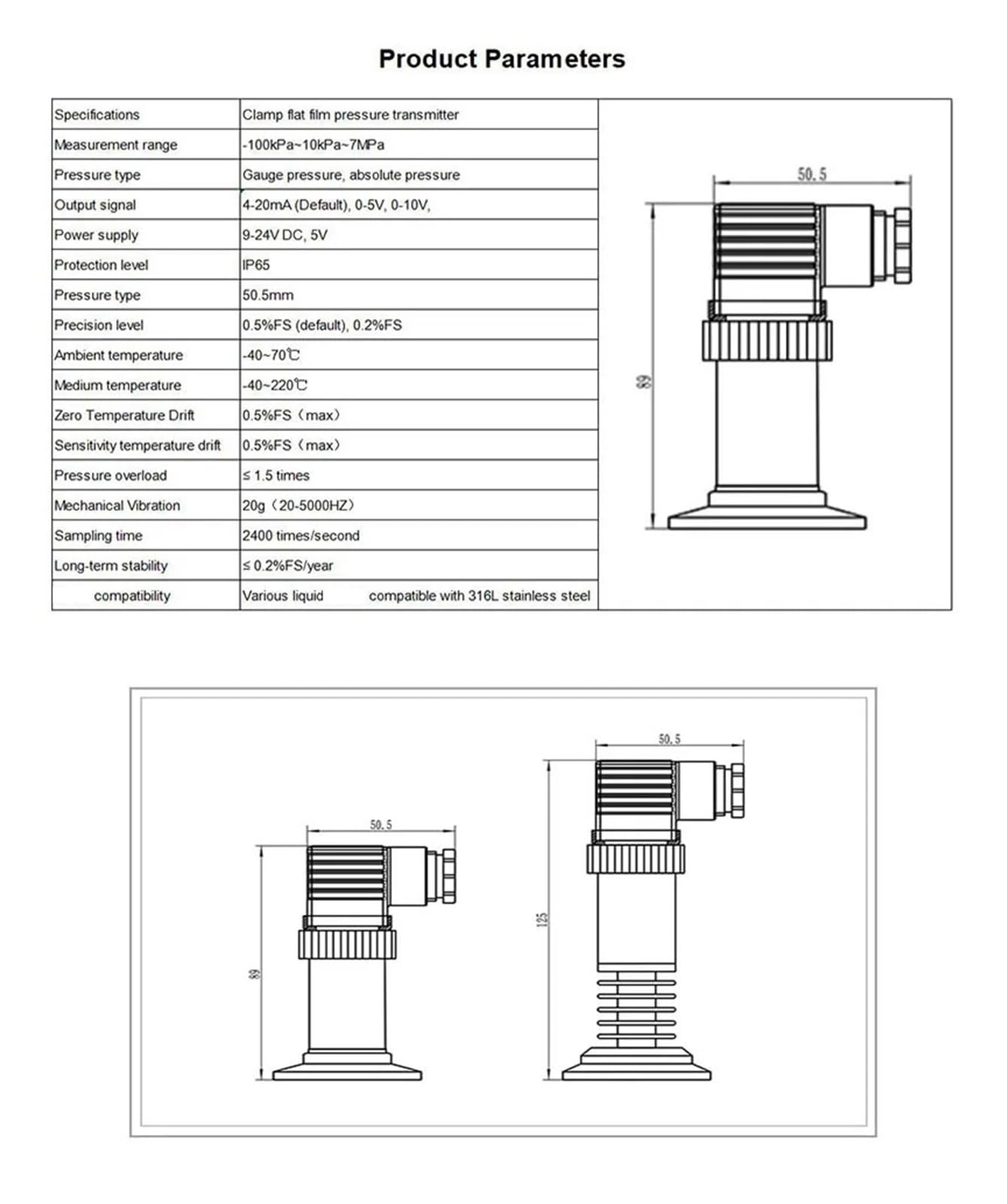 Transmetteur de Pression à Pince Capteur mandrin 4-20 mA(Rs485 Out,0-20kPa)