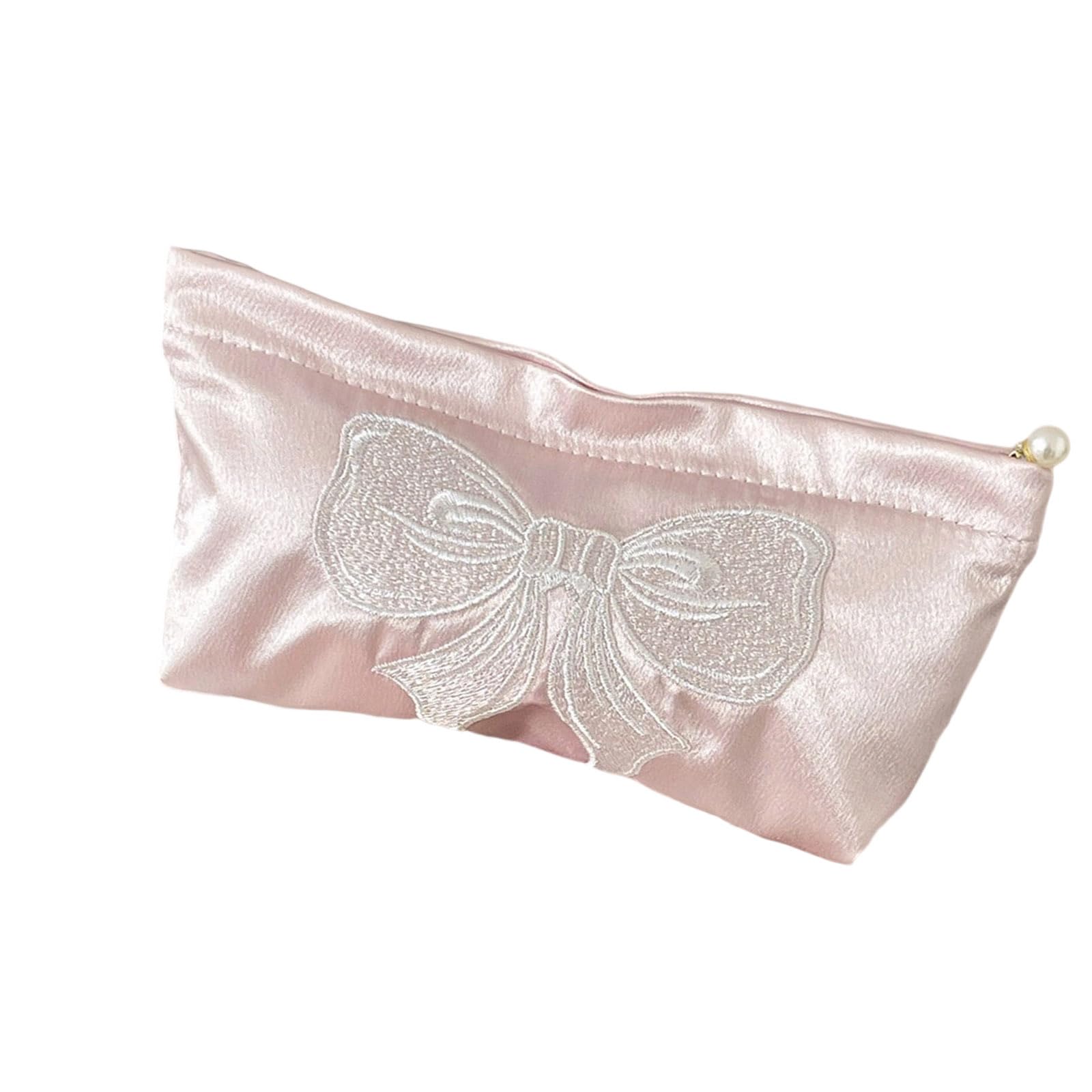Tsophreniq Satins Cosmetic Bag Shimmering Pinkness Bowknot Design Spacious Makeup Organiser Women Girls Girls Satins Toiletry Travel Bag Portable Skincare Organiser