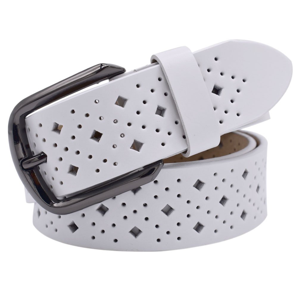 VONSELY Hollow Leather Belts for Women, Soft Leather Womens Belts with Pin Buckle, 1.5" Wide White, Suit Waistline 25"-34"