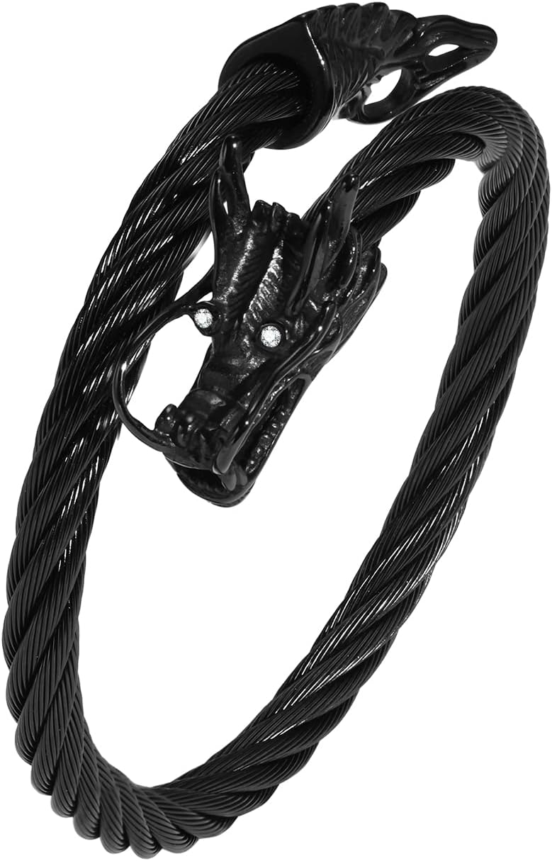 Men's Stainless Steel Cable Wire Chinese Dragon Twist Cuff Bangle Bracelet Punk Rock Biker Black for Men Boy