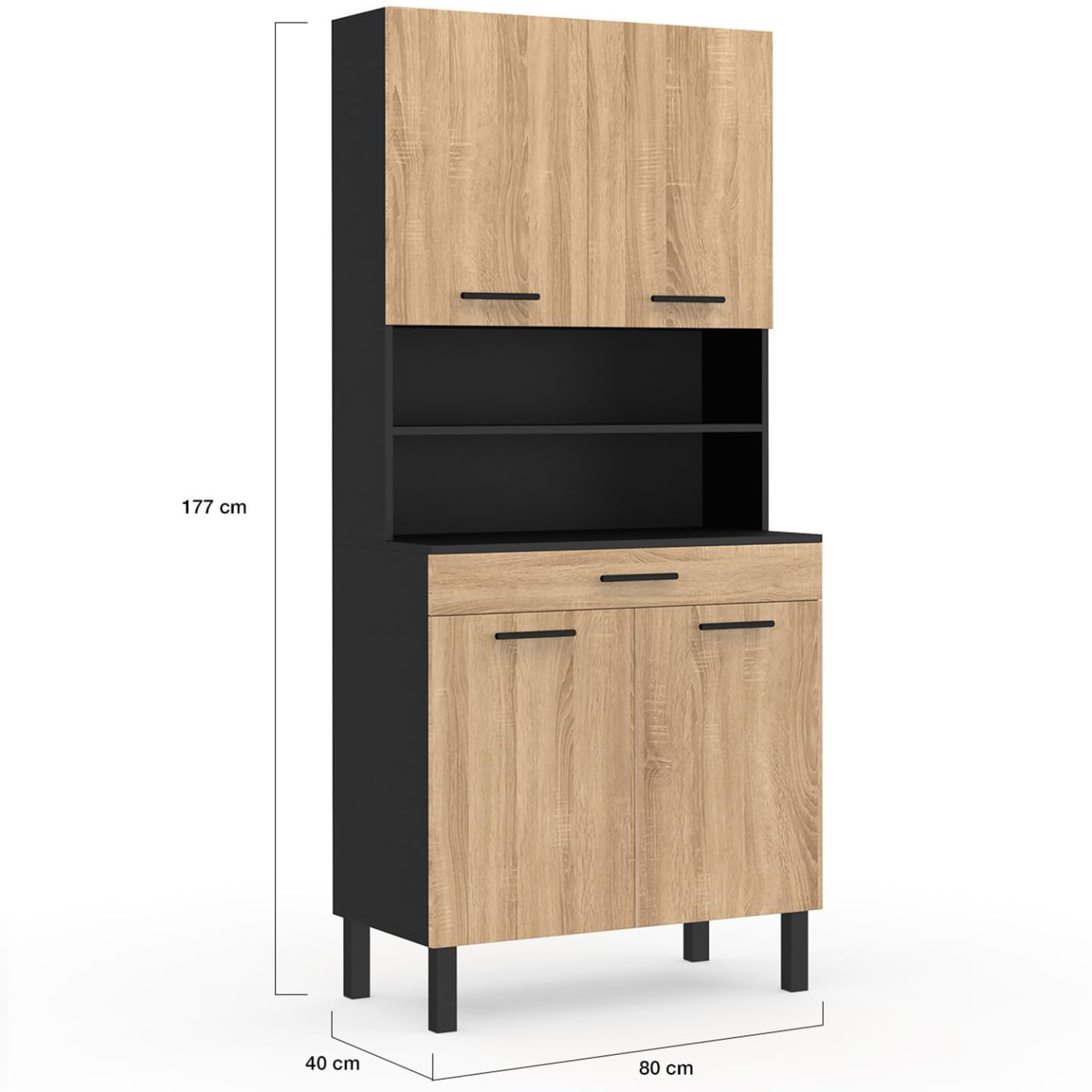 IDMarket - Küchenbuffet 80 cm CINA 4 Türen + Schublade schwarz und Buchenholzoptik