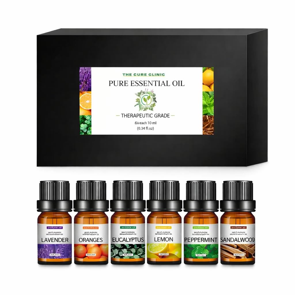 Essential Oil Set Diffusers For Home, Well Being,Relaxing, Humidifiers, Aromatherapy - Lavender,Oranges,Eucalyptus, Lemon, Peppermint & Sandalwood 6X10ml.