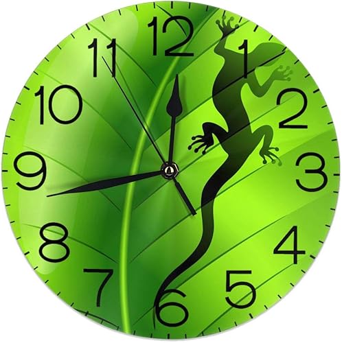 Dujiea Lizard Gecko - Reloj de pared redondo de hoja verde silencioso sin tictac funciona con pilas de 95 pulgadas para estudiantes oficina escuela
