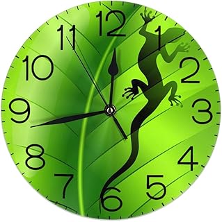 Dujiea Lizard Gecko Green Leaf Round Wall Clock Silent Non Ticking Battery Operated 9.5 Inch for Student Office School Home Decorative Clock Art