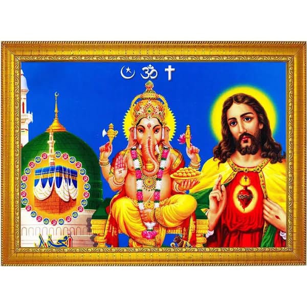 CHEDI Groups Ganesha Jesus Allah 3 in 1 God photo frame 13 * 10 inch Wall Painting Framed Home Decor (Wood,Glossy,Gold,Big Size,gifts)-image-31