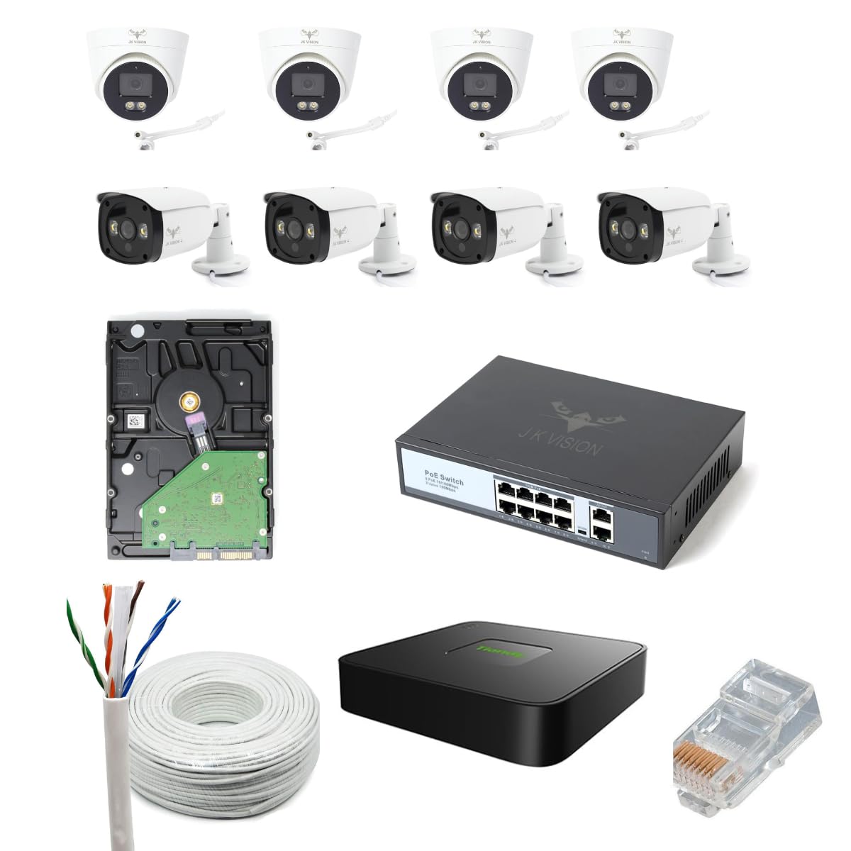 JK Vision 5MP CCTV IP Camera Full Set, 4 Bullet, 4 Dome, 10 Channel NVR, 8 Port POE, 1TB Hard Disk, Cat6 Cable, 16 RJ45 Connector-image-29