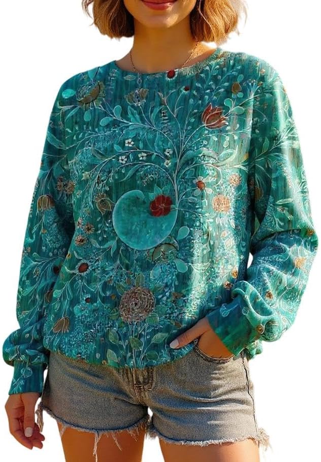 Womens Boho Floral Oversized Crewneck Sweatshirt Casual Paisley Print Long Sleeve Tops Graphic Pullover Sweatshirts for Women