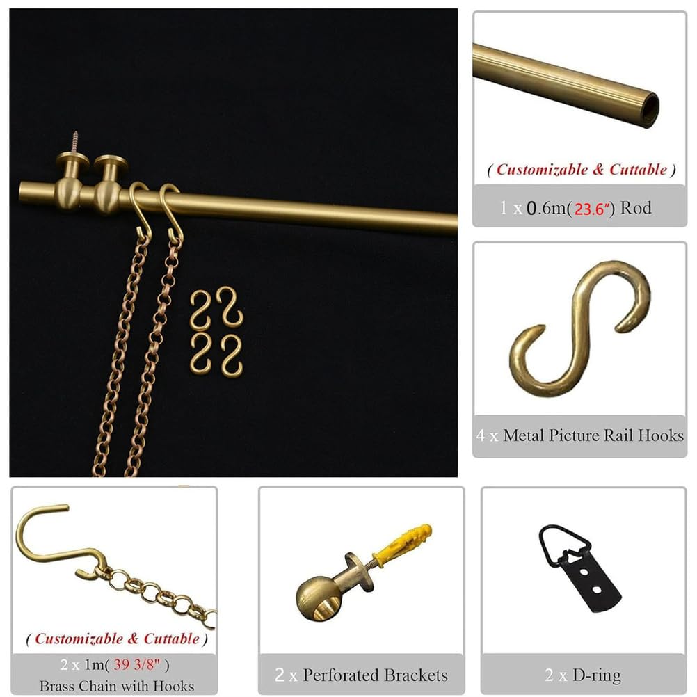 Bilderrahmen-Aufhängesystem aus Messingstange, Galerie-Bilderschienen-Set, Metall-Bilderaufhänger für die Wanddekoration an Betonwänden, Aufhängeschiene für Bilder im Innenbereich mit Kette,