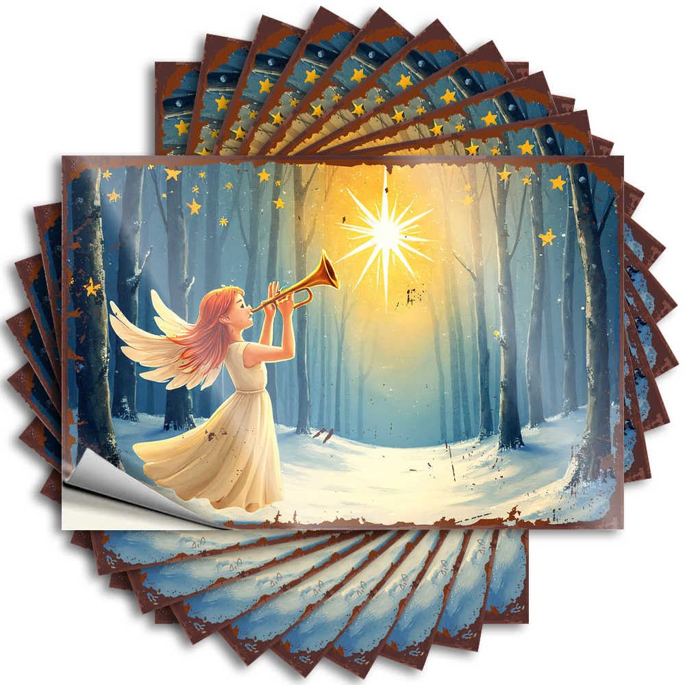 Angel Playing Trumpet in Snowy Forest with Starry Sky Fluffy Decal | Teen Stuff Waterproof Vinyl Garage Sand Removable Decal Peel Stick(8X12CM)