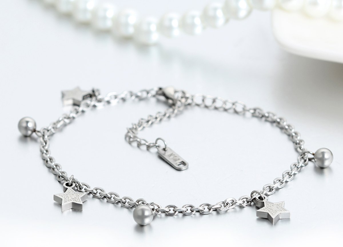 JewelryWe Bijoux Bracelet Main & Cheville Femme Poli Etoile Acier Inoxydable Chaîne de Cheville Fantaisie Couleur Argent Rose Or avec Sac Cadeau