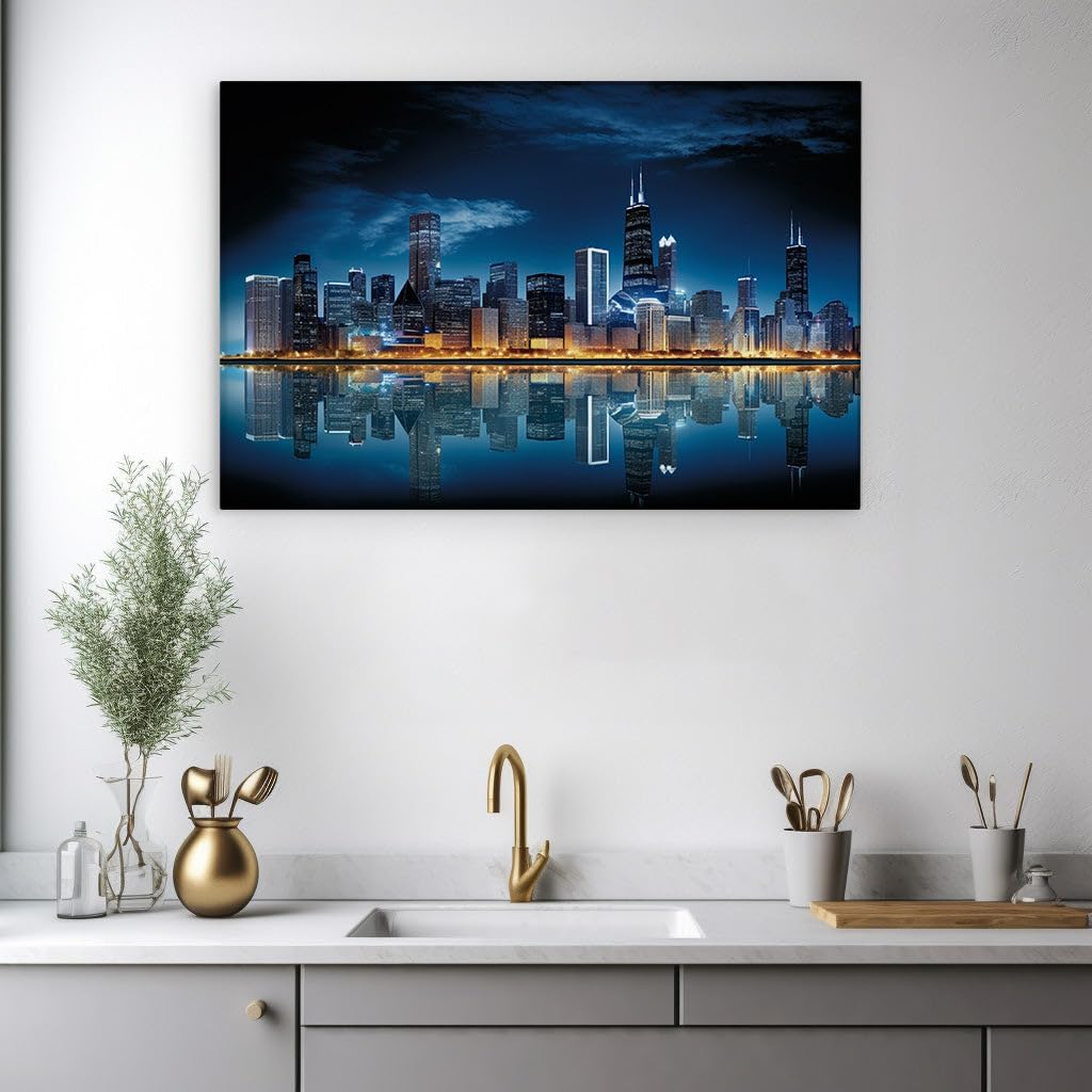 Canvas for Living room. Illuminating Elegance: Chicago's Skyline Dances in Nighttime Reflection, 27 x 18 inch Canvas Wall Art - Skylines And Cityscapes - Modern Home Decor