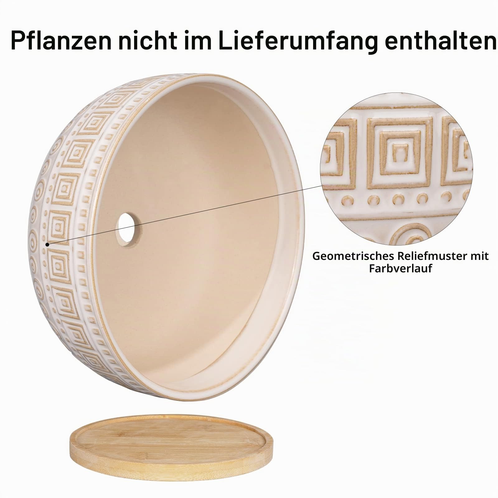 G EPGardening 20,5 cm Keramik-Sukkulenten-Übertöpfe, rund, flach, Bonsai-Pflanztopf für Zimmerpflanzen mit Drainage und Bambus-Untersetzer, Weiß
