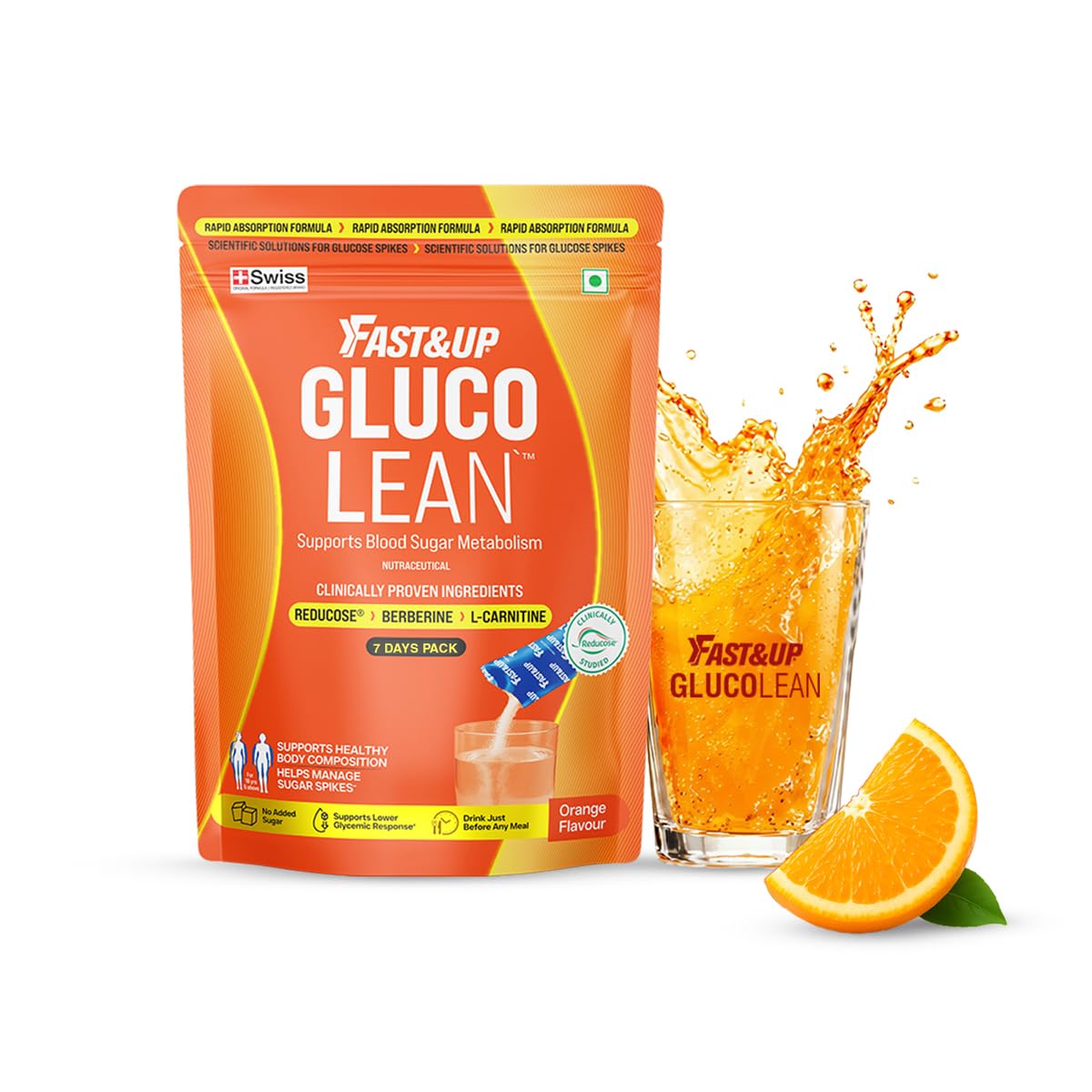 Fast&Up Gluclean I Reduces Post- Meal Sugar Spikes & Prevents Fat Accumulation I Burns Stubborn Fat | 15 Stick Packs I Orange Flavor-image-11