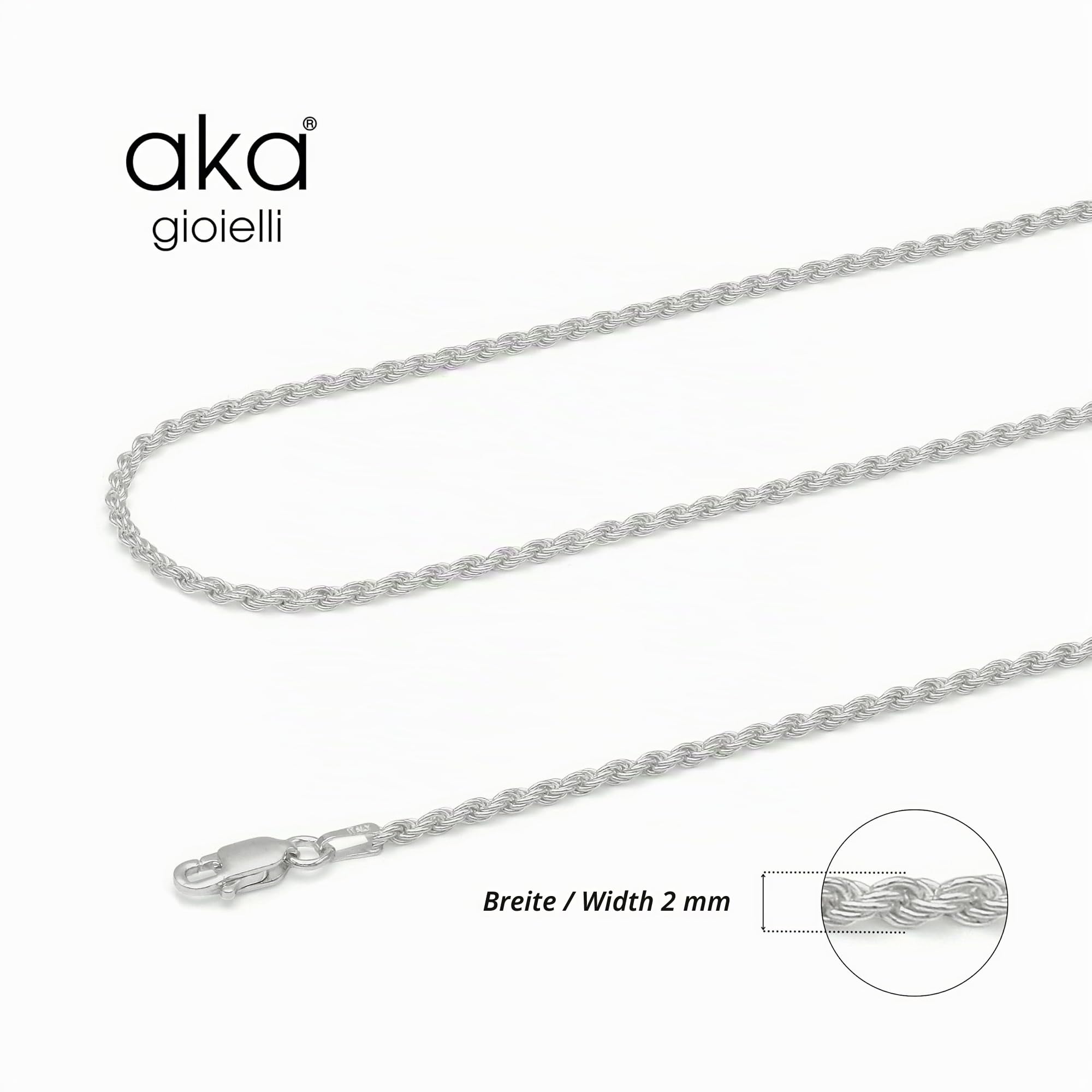 Aka Gioielli® - Kordelkette 2mm 925 Sterling Silber Rhodiniert - Silberkette Damen Herren Halskette Längen: 40 45 50 55 60 70 cm