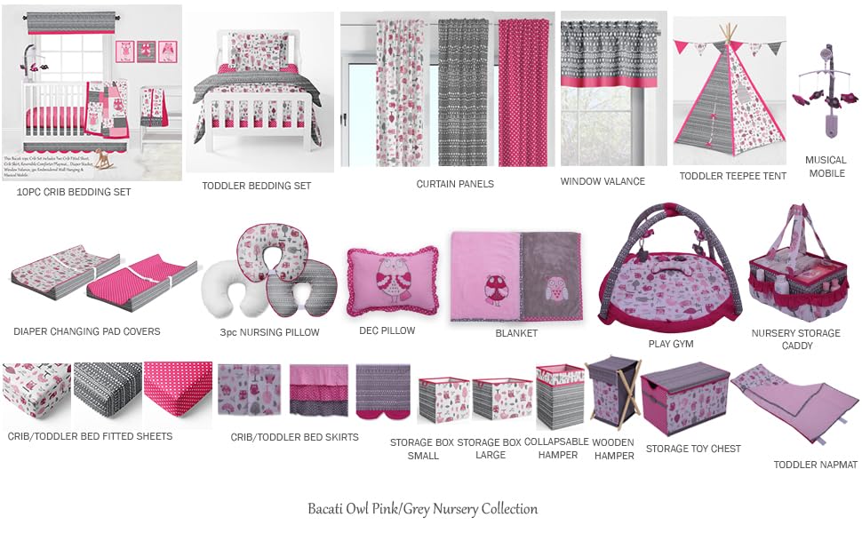 Miniatura 7 de Bacati Owls - Organizador de almacenamiento de algodón para niñas, color rosagris