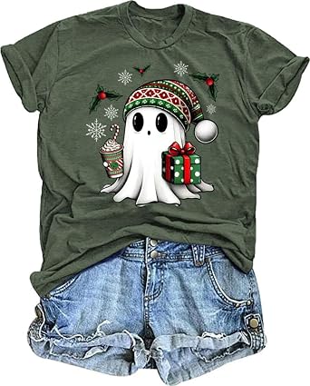 TIXOM Womens Christmas Ghost Shirt Funny Xmas Santa Hat Graphic Short Sleeve Tee Winter Holiday Family Party Matching Tops