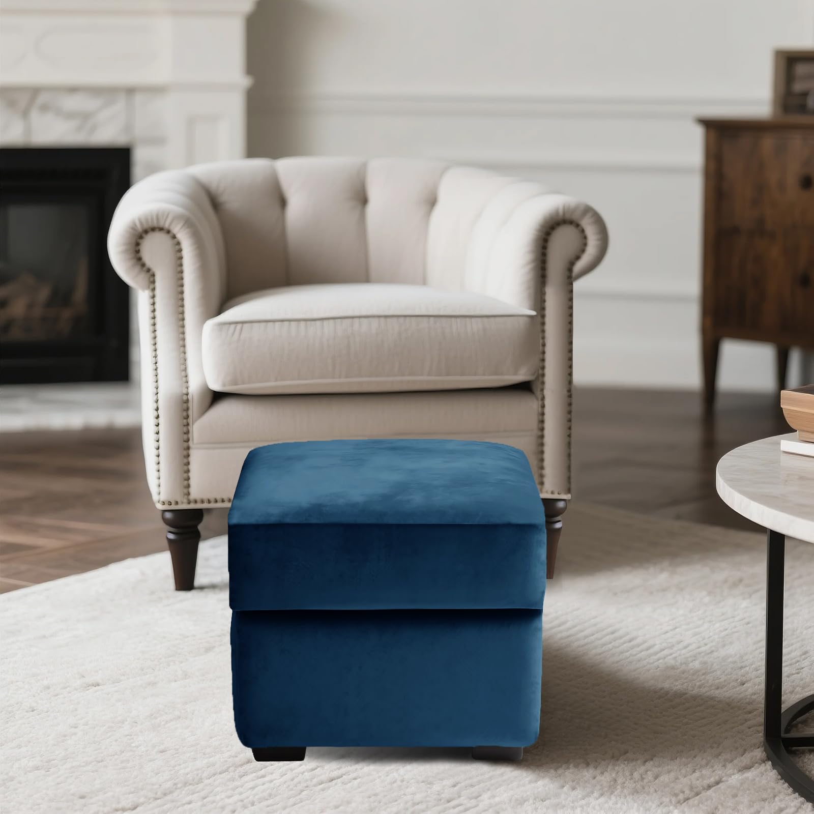 SYLC Ottoman Cover Stretch Velvet, Footstool Cover and Pouffe Cover Non-slip with Elastic Bottom/ties, Slipcover for Folding Storage Poofy Foot Stool (Blue,Square-S Ottoman+Seat)