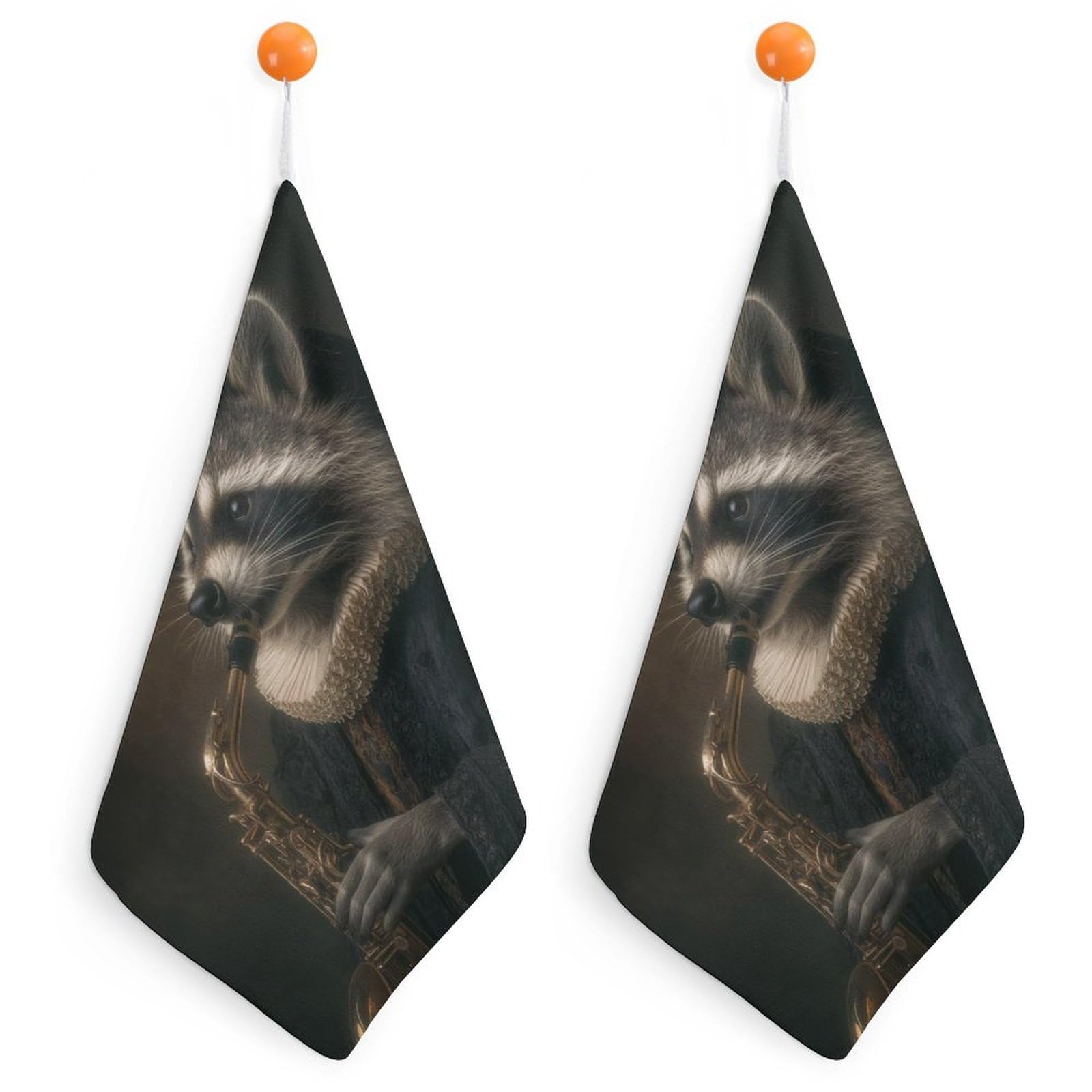 Jubonexis Raccoon Dressed in Dark Clothes Play The Saxophone Small Hand Towel with Hanging Loop 2 PCS Absorbent Soft Wash Cloth for Kitchen Bathroom