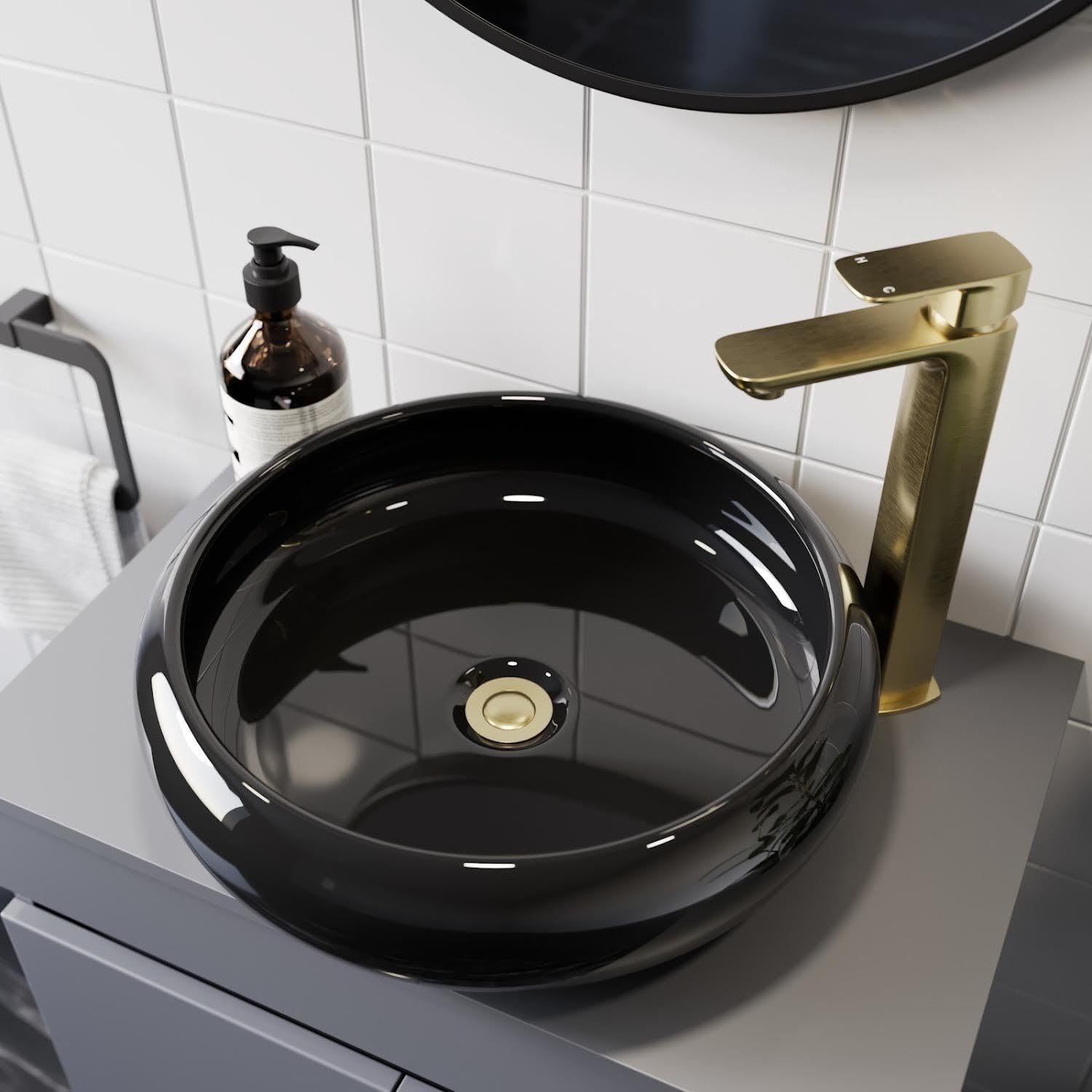 Baystone Black Gloss Gloss Black Ceramic Round Countertop Bathroom Wash Basin Sink Cloakroom Sinks 420Mm Size 25