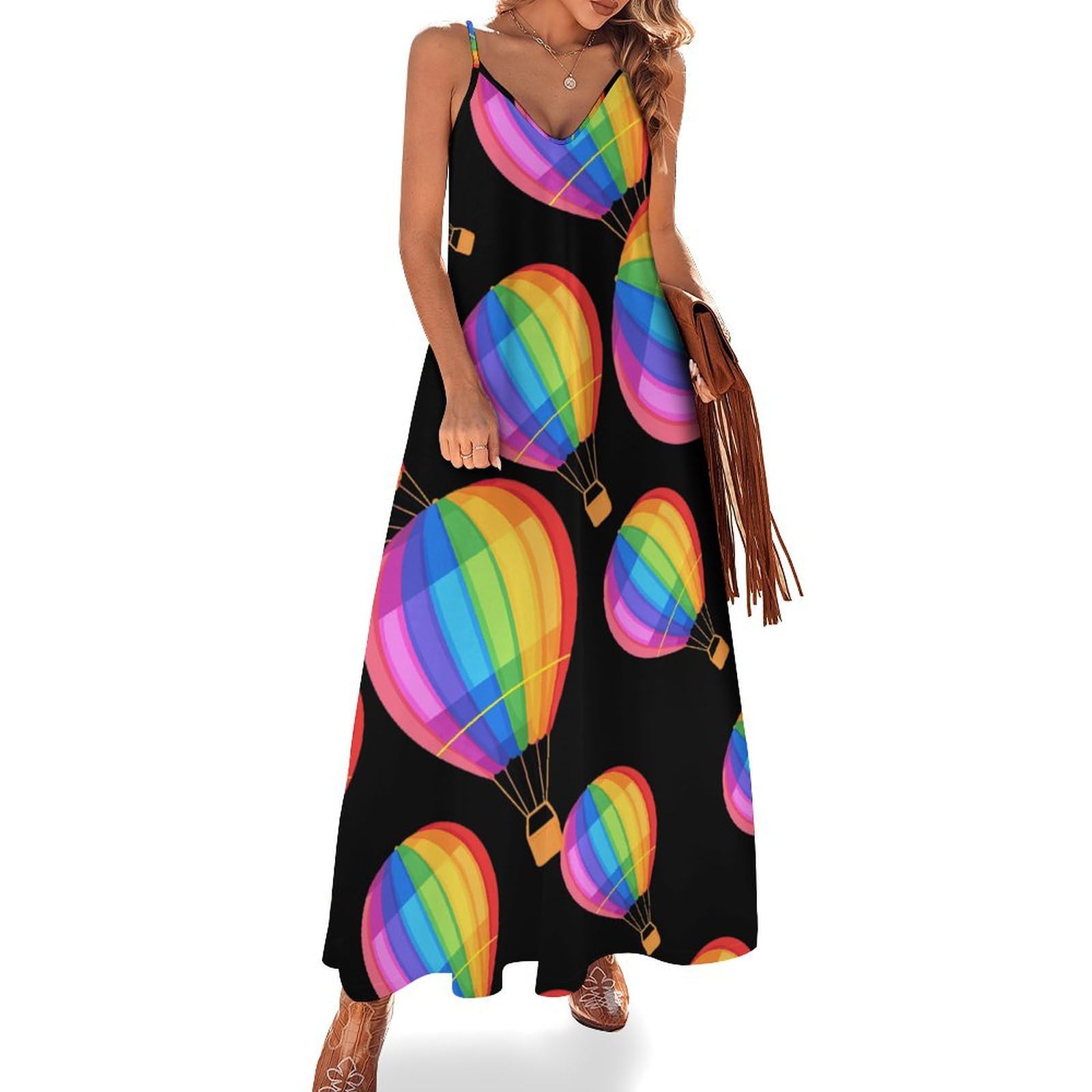 Anceky Rainbow Hot Air Balloon Gay Pride Women's Long Dress V Neck Maxi Dress Spaghetti Straps Sundress Casual Beach Dress