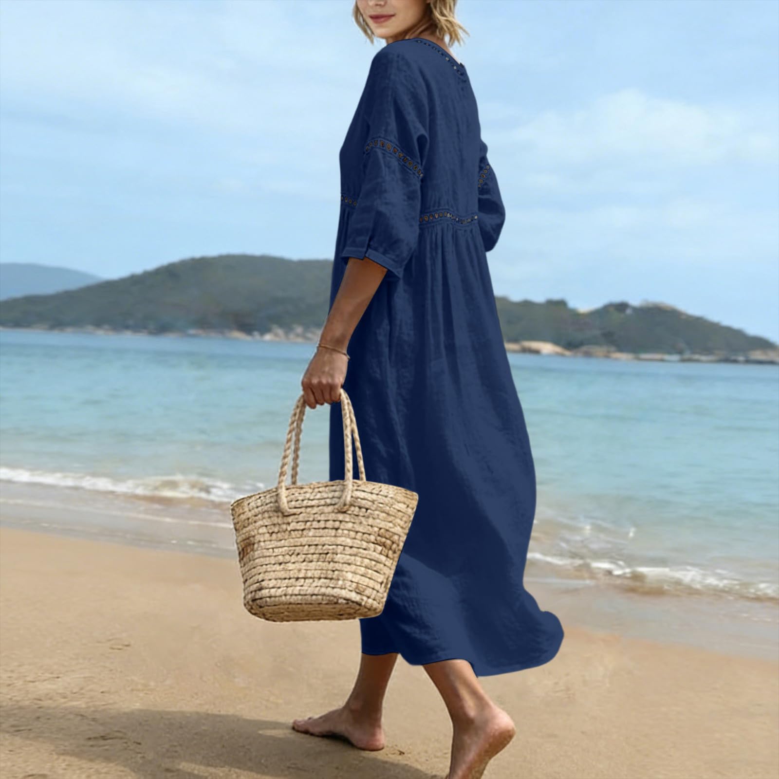 Robe Ete Femme Longue Robe Coton en Lin Robes Legere Fluide Robe de Plage Chic et Elegant Robes à Manche 7/8 Décontractée Dress Boheme Col en V Classique Vêtements Grande Taille Vêtements XS-5XL