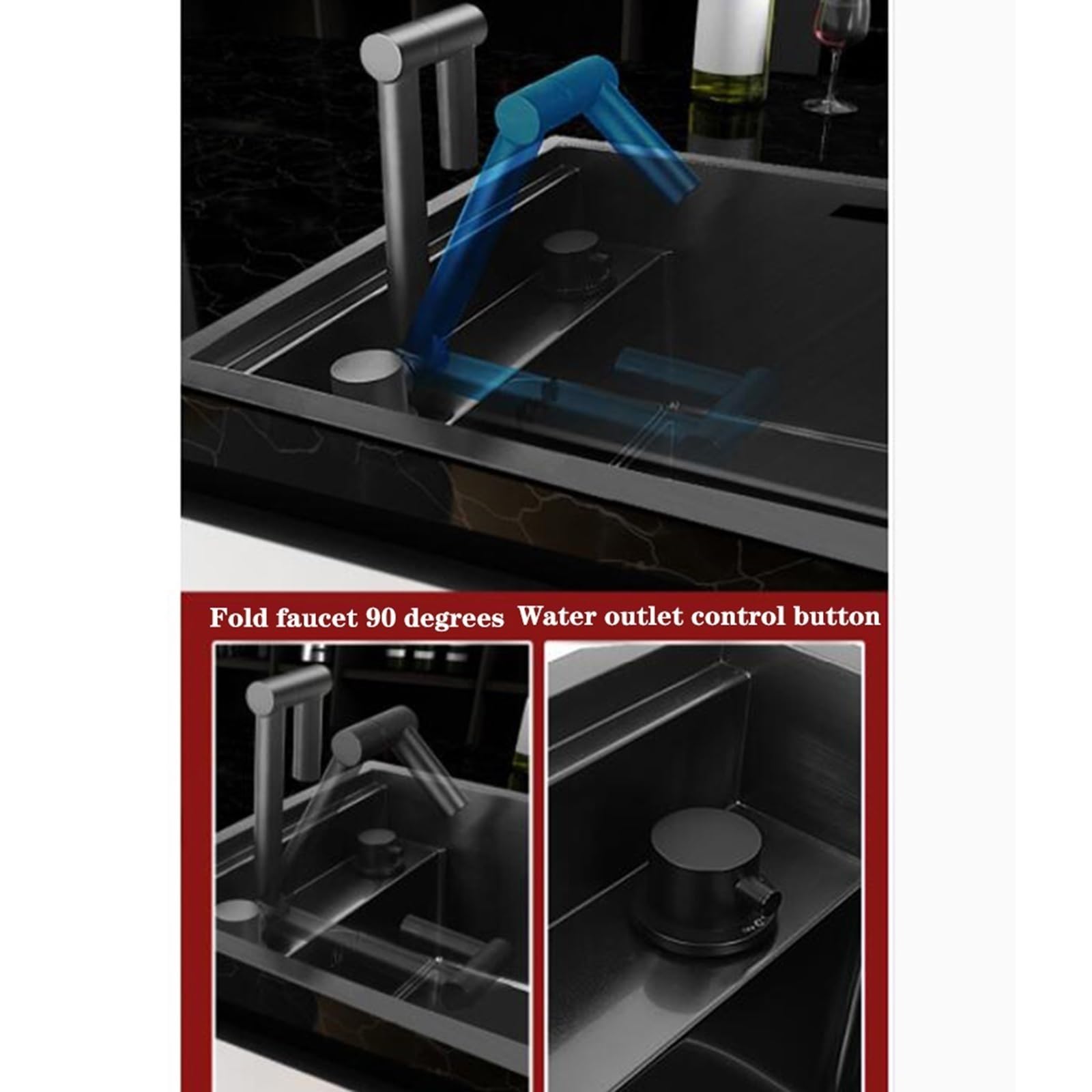 Cact - Lavello da cucina salvaspazio con accessori, design invisibile nascosto, per appartamenti e ville, con sifone e coperchio (60 x 40 x 23 cm)