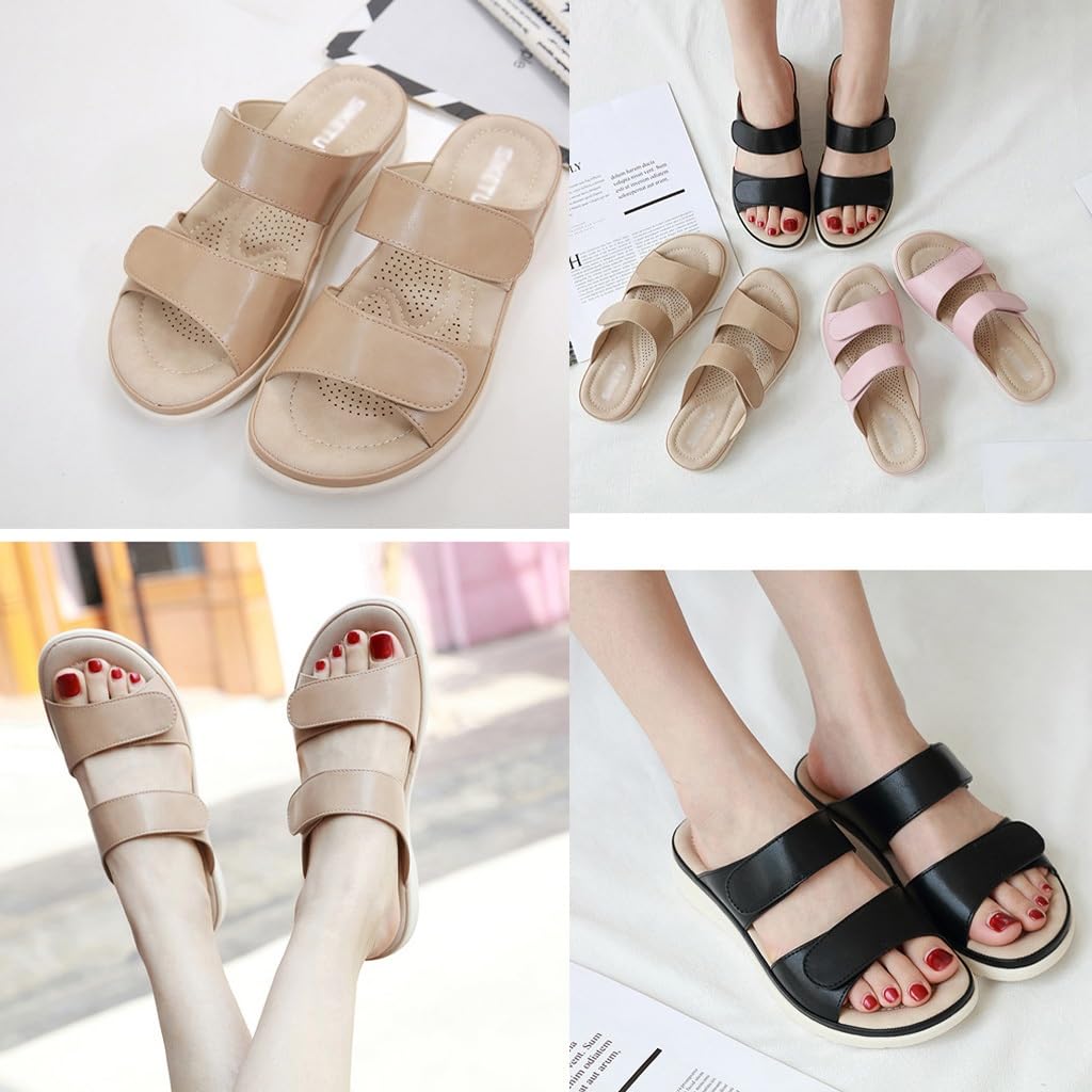 Zapatillas Mujer Verano Afuera, Señoras Cuero Sintético Punta Abierta Casual Confort Sandalias Verano Vacaciones Playa Zapatillas(Beige,39 EU)