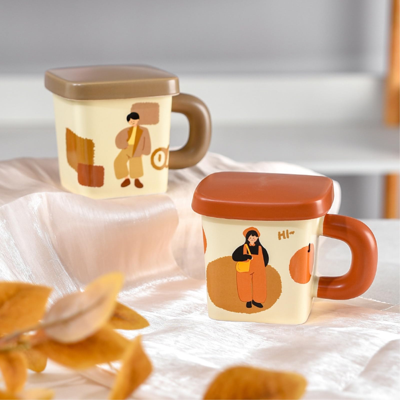 Taza cuadrada de cerámica de 380 ml con tapa, color verde, 380 ml