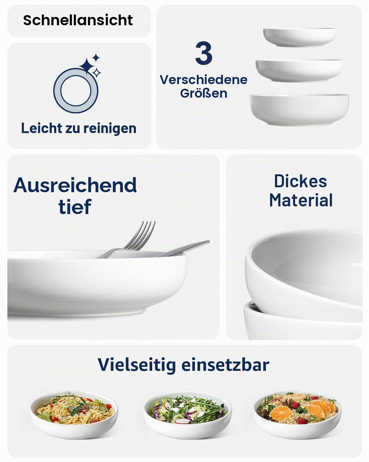 LE TAUCI Pastaschüsseln, Salatschüssel-Set zum Servieren von Suppe, Nudeln, Abendessen, große Küchenschüssel, Teller, 21,6 cm, Weiß, 4 Stück