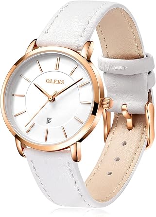 OLEVS Womens Watch, White, Ultra-thin, Headwatch, Stylish, Waterproof, Leather Strap, Leather, Analog, Small, Simple Dial, Easy to See Fashion, Thin, Lightweight, High School Student Watch for Women,