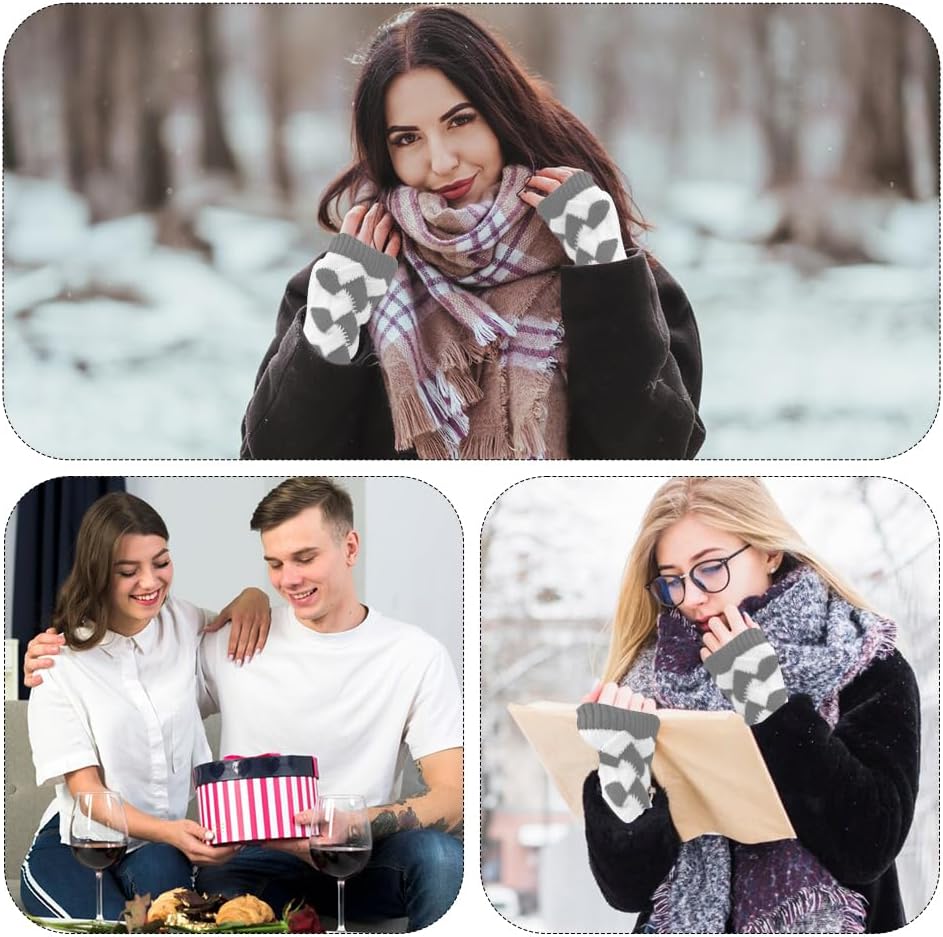 2 Pairs Grey Thumb Hole Gloves Fingerless Gloves Autumn Winter Soft Knit Checkered Print Hand Warmers Gloves Knitting Wrist Arm Warmer Crochet Mittens for Women Unisex Typing Driving Supply image 5