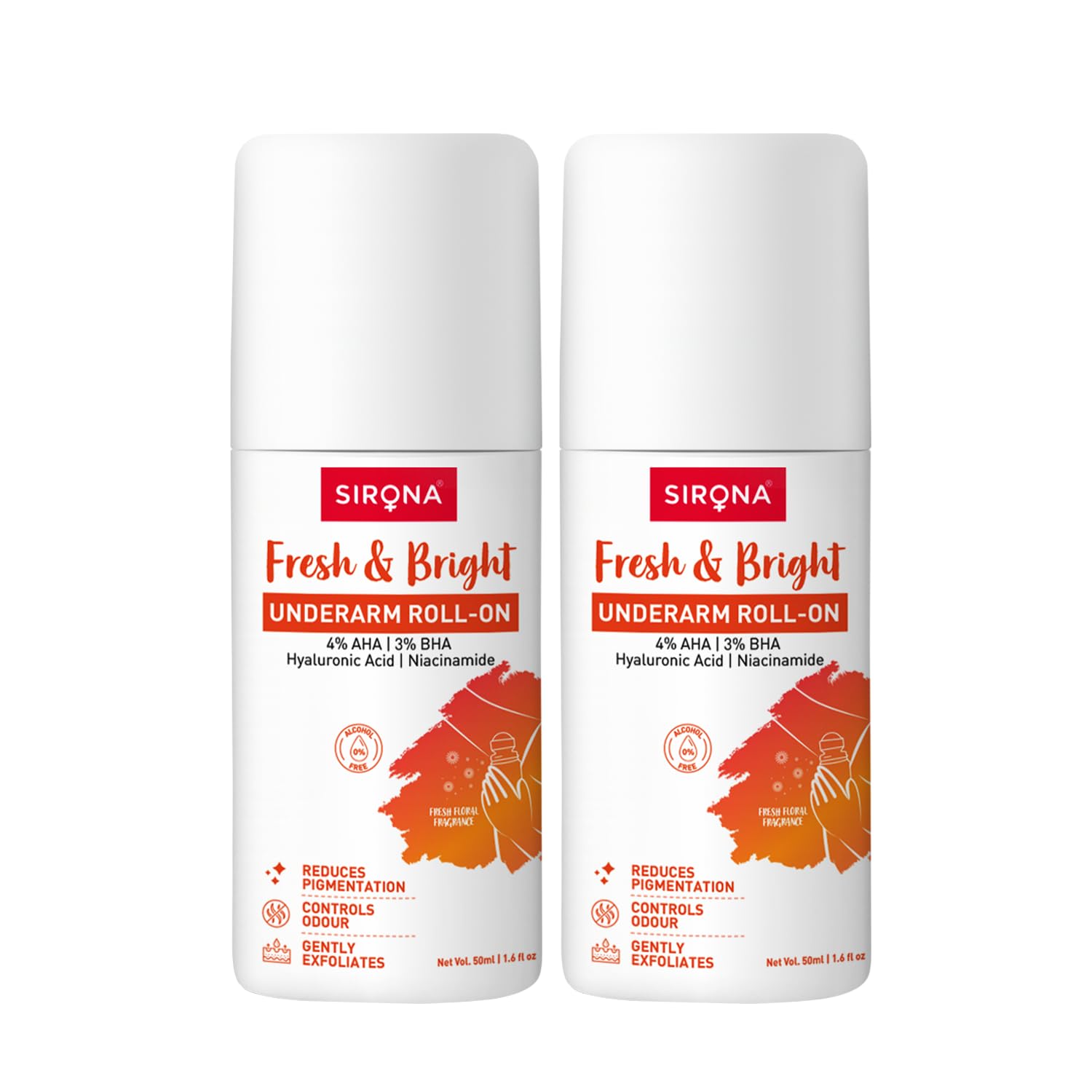 Underarm Roll On - 50 ml (Pack of 2) | 0.5% Prebiotic, 0.5% Niacinamide & 0.1% Hyaluronic Acid | Prevents Body Odour & Exfoliates Underarms | Floral Fresh Fragrance | Alcohol & Aluminium Free