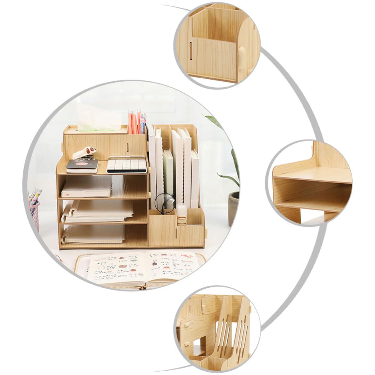 STOBAZA Organizador de Escritorio de Madera Robusta con Múltiples Compartimentos Almacenamiento Estable y Gran Capacidad para Documentos y Papelería para Oficina Estudio y Dormitorios