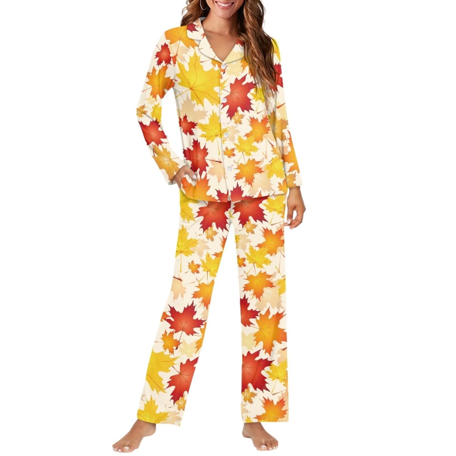 Biyejit Conjunto de pijama para mujer, estilo casual, con botones, cuello en V, bolsillos y bolsillo, tallas XS-4XL, 2 piezas, Hojas de arce otoñales, 3XL