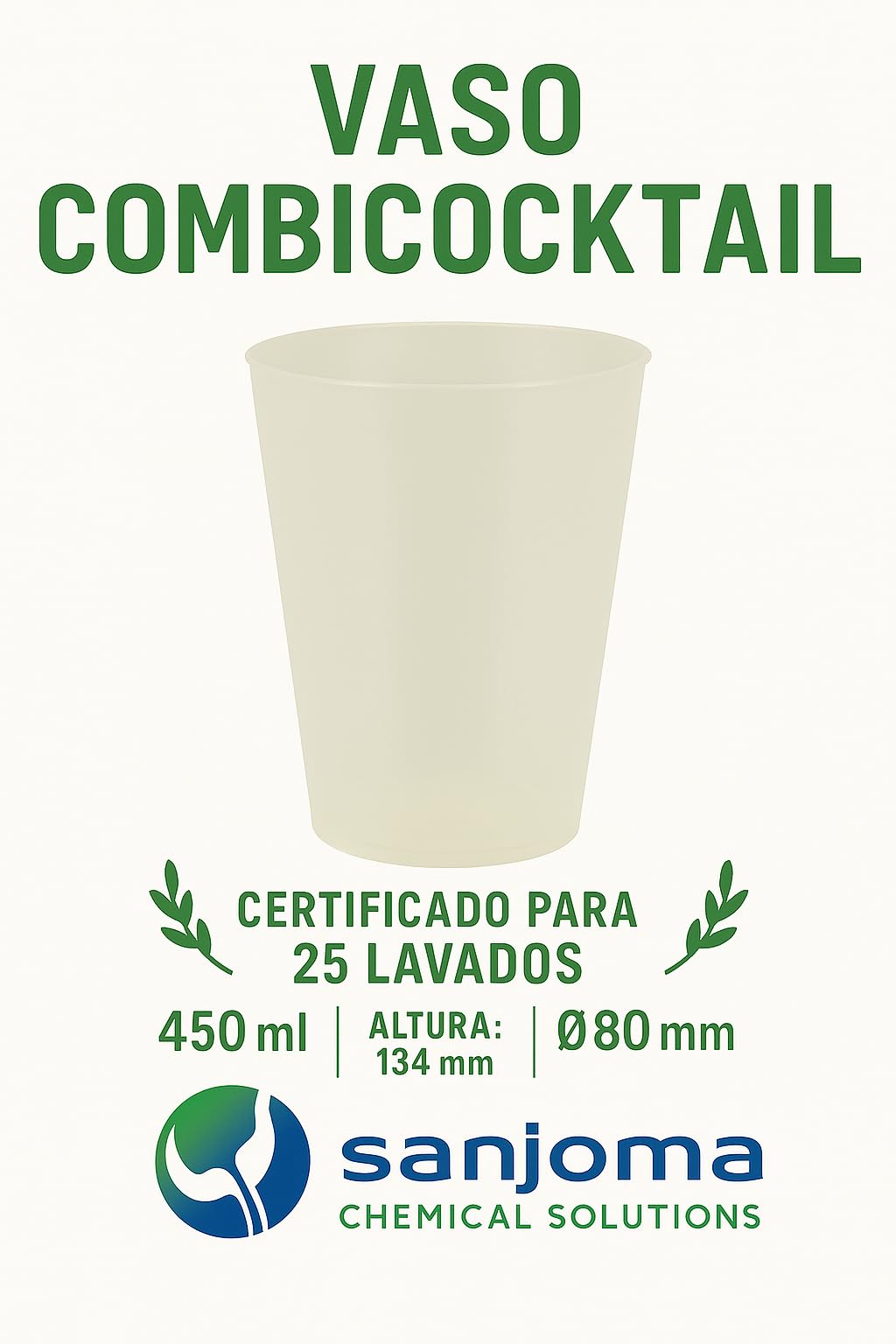 Sanjoma Chemical Solution Vasos Combicocktail 500 unidades - 13,4cm de altura y capacidad de 450ml - Pack vasos Reutilizables(25 lavados) - Material Polipropileno