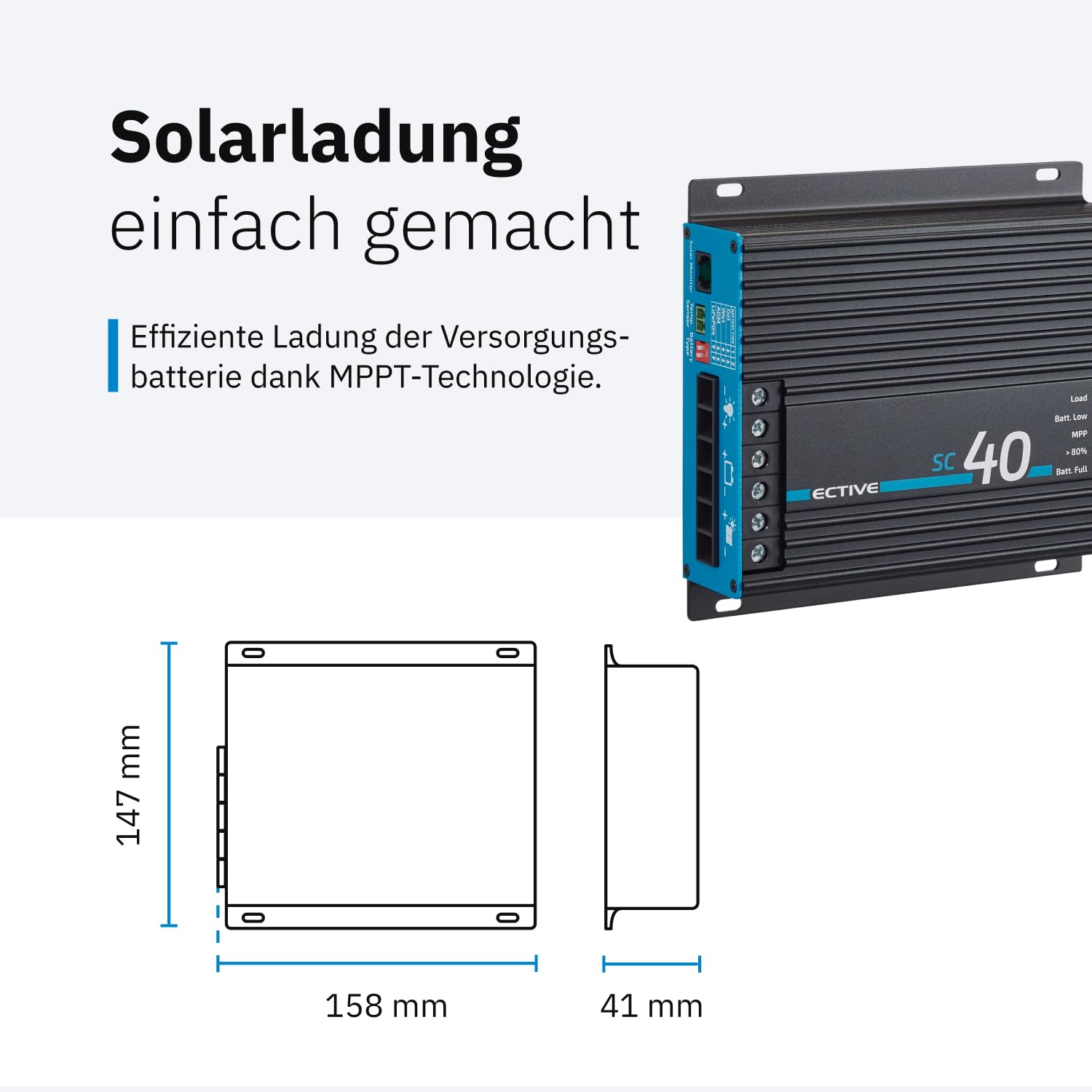 ECTIVE - SC 40 MPPT Solar Laderegler 12V/24V 40A – Charge Controller bis 50V, 480/960 Wp kompatibel mit LiFePO4/AGM/GEL/Nass – für Wohnmobil, Camper, Caravan, Boot