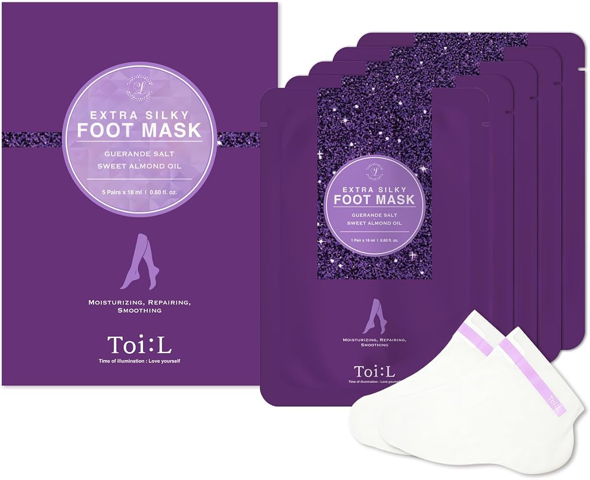 Mascarilla para pies extra sedosa 5 pares, tratamiento para el cuidado de los pies post-peeling, calcetines hidratantes con sal de Guerande y aceite de almendras dulces para pies secos, talones agrietados y callos
