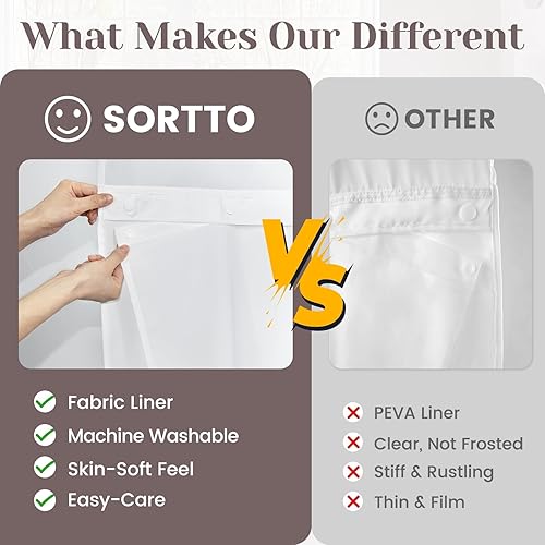 Miniatura 6 de Cortina de ducha texturizada sin gancho con forro a presión, cortina exterior de tela blanca y forro interior impermeable, estilo hotel con ventana