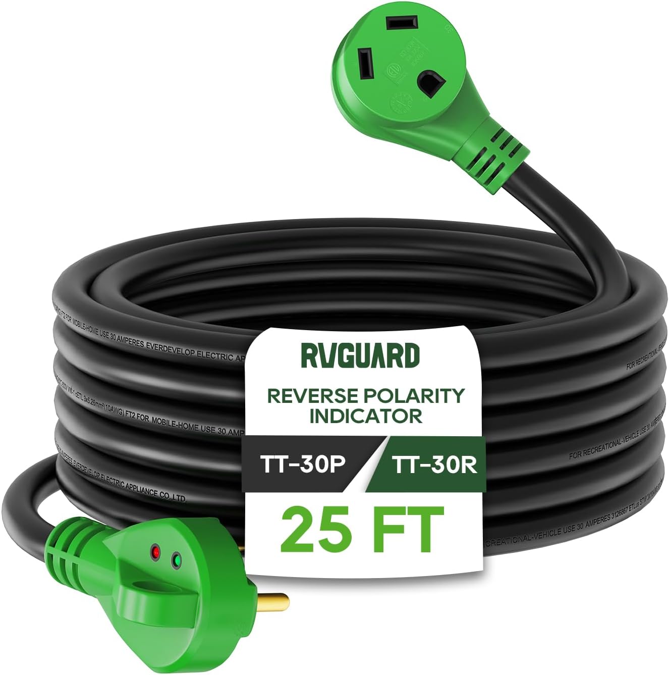 RVGUARD 30 Amp 25 Foot RV Extension Cord with Reverse Polarity Indicator, Heavy Duty 10/3 Gauge STW Cord with Cord Organizer, TT-30P/R Standard Plug, Green, ETL Listed