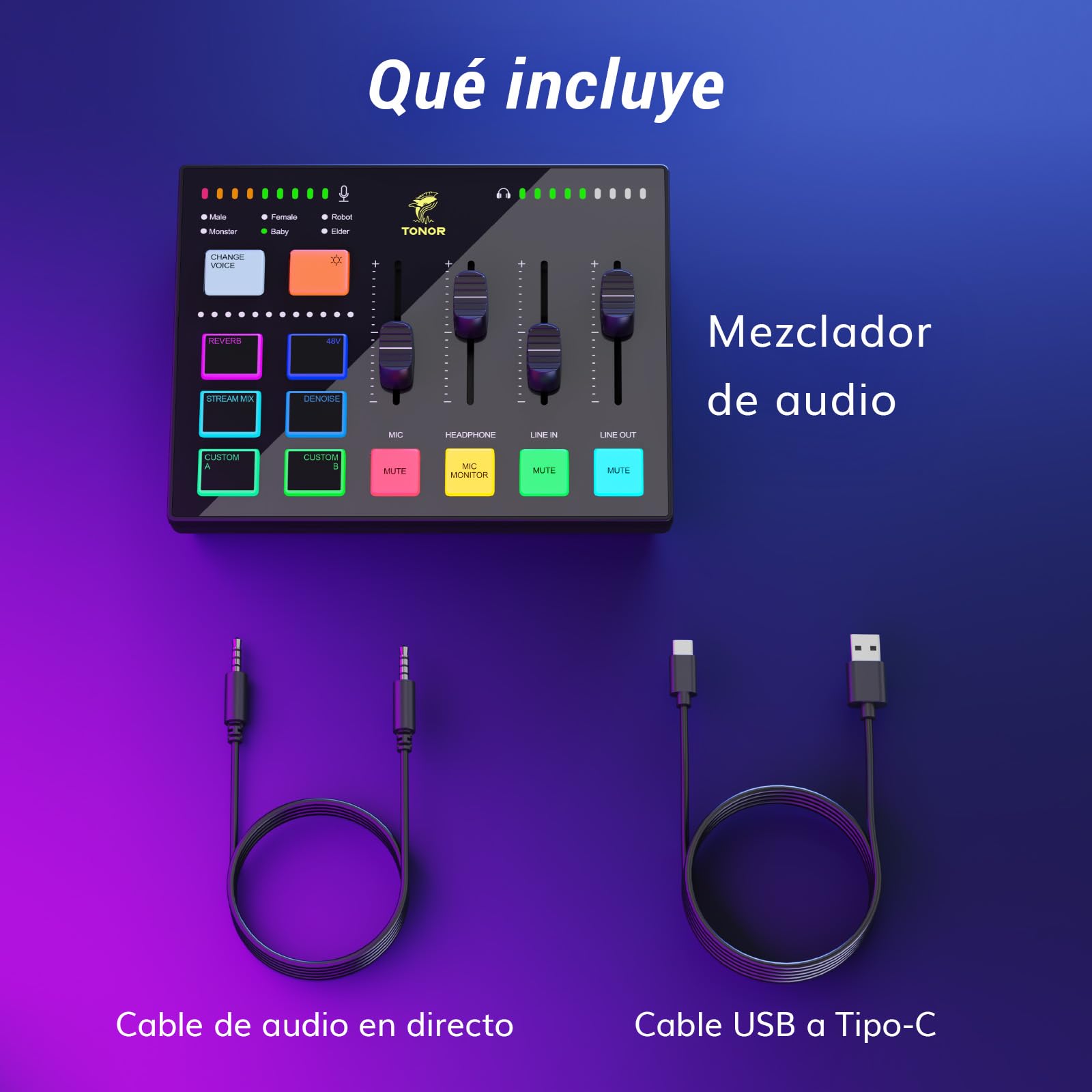 TONOR Gaming Audio Mixer PC, Mezclador RGB con Canal XLR y 6,35 mm para Streaming, Podcast, Grabación, Interfaz de Audio para TikTok, YouTube, Twitch, Control de Volumen Individual, Botón de Silencio