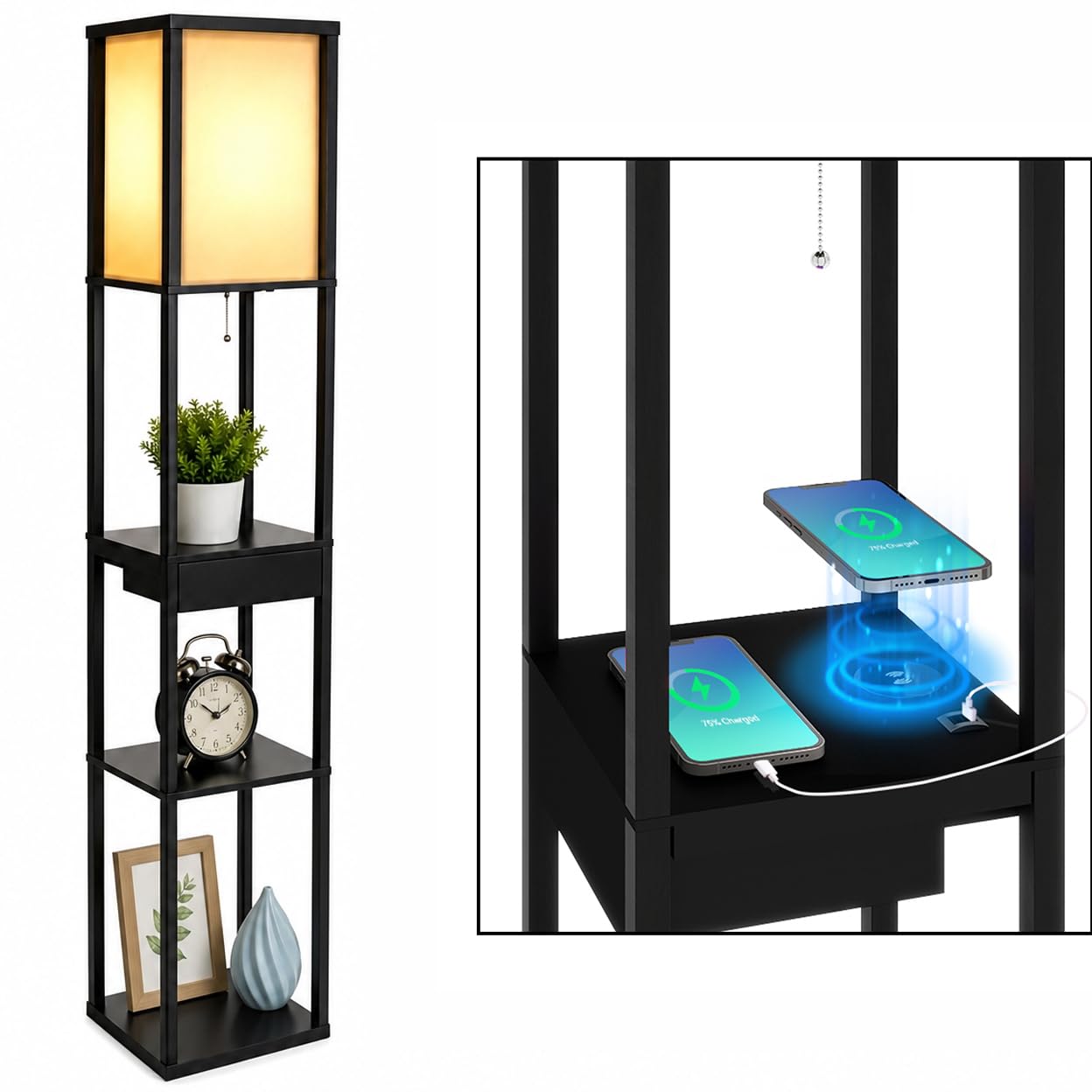ARTETHYS Floor Lamp with Shelves, Standing Lamp with Wireless and 2 USB Charging Ports, LED Bulb, Drawer, Tall Lamps for Living Room, Modern Standard Wooden Lamp for Bedroom, Home Office, Black