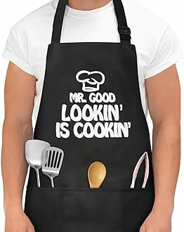 Aomig Kitchen Apron Couple Chef Aprons, Adjustable Bib Apron with 3 Pockets, Waterproof, Black, Unisex-Adults, Seniors, Retirees, Home Cooks