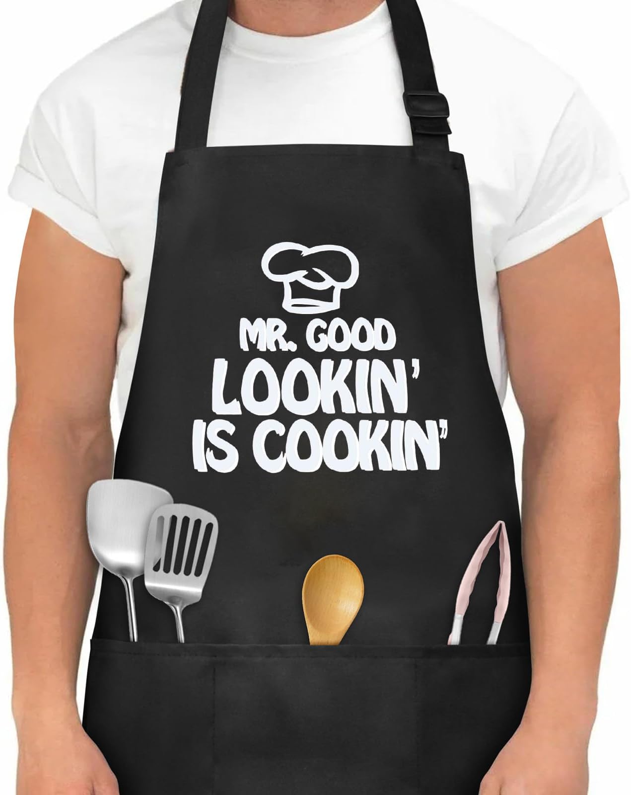 Aomig Kitchen Apron Couple Chef Aprons, Adjustable Bib Apron with 3 Pockets, Waterproof, Black, Unisex-Adults, Seniors, Retirees, Home Cooks