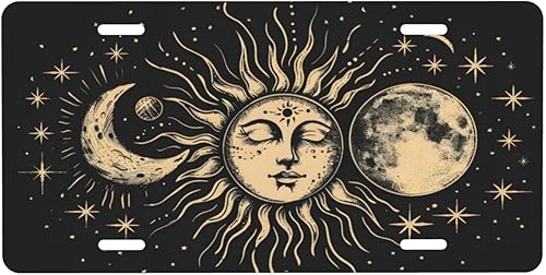 Placa de matrícula delantera vintage con sol y luna negra, accesorio de decoración de automóvil, placa decorativa de metal de aluminio, divertida