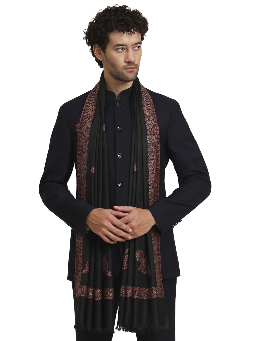 zamour Woven Daud Border Design Stole for Men, Soft Polywool Material Traditional Solid Color Kashmiri Shawl for Winter-picture-34