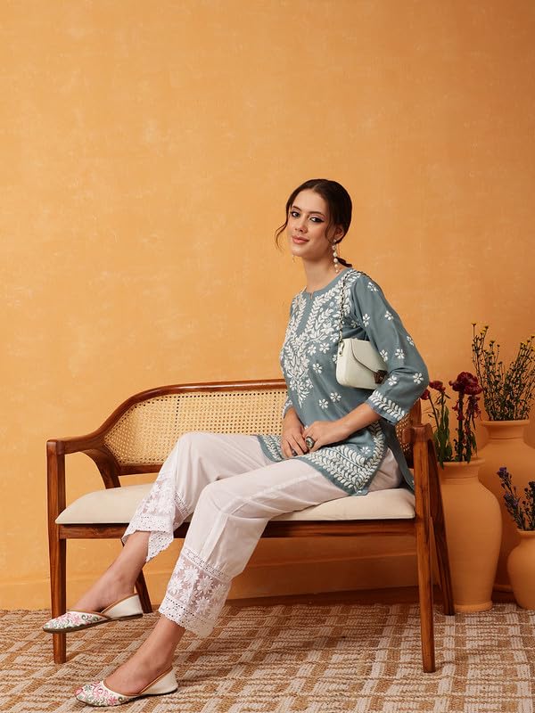 Image of Ada Hand Embroidered Lucknowi Chikankari Muslin Top for Women A911420 | Lucknowi Short Kurta Kurti Tunic Casual Wear Ethnic Wear Chikan Work Straight handcrafted top Kurti for Office