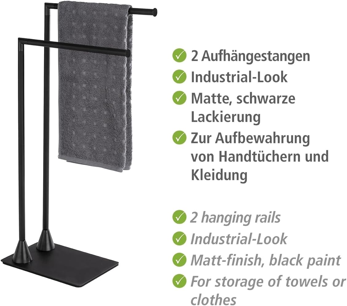 Image showing the WENKO Hella Towel Stand with key features listed in English and German.