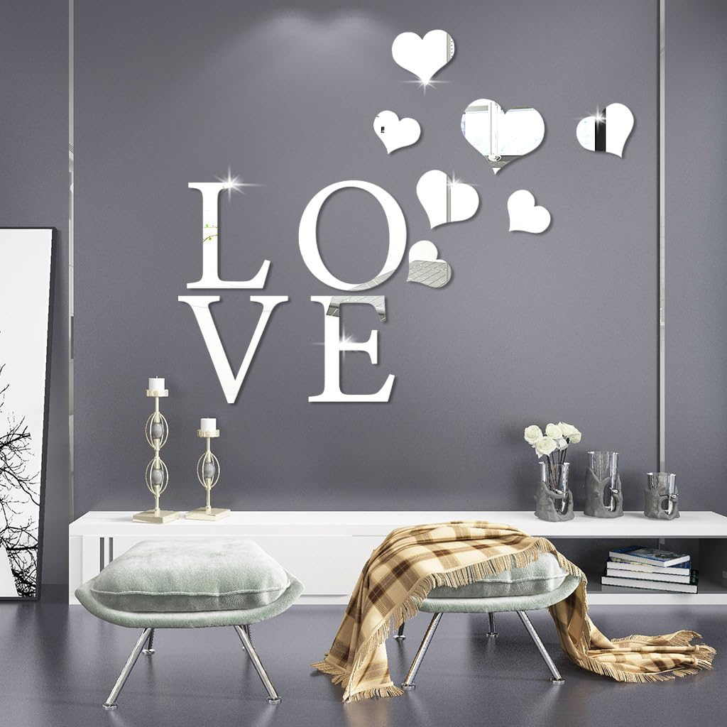 Love Sign Letters Mirror Wall Sticker, Self-Adhesive Love Heart Acrylic Mirror Wall Sticker Wall Art Decor DIY Home Decoration Heart Mirror Wall Decal