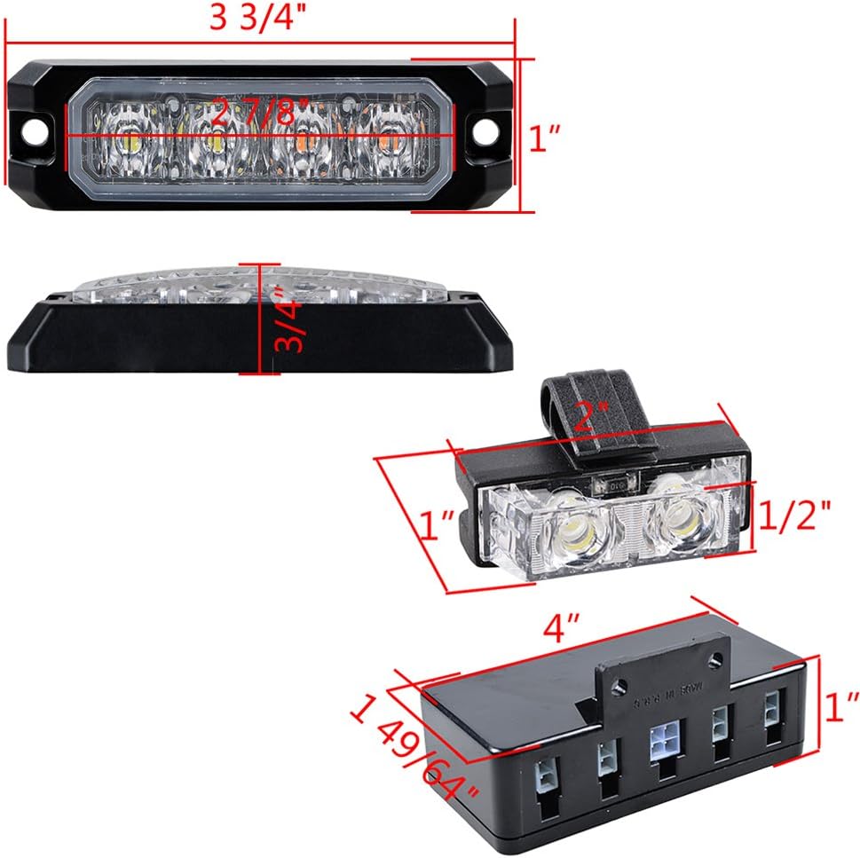 Astra Depot 4pcs White-Amber 4-LED IP68 SYNC Strobe Lights + 8pcs (4X White + 4X Amber) 2-LED Warning Emergency Grill Flashing Lamps for Car Truck 12V